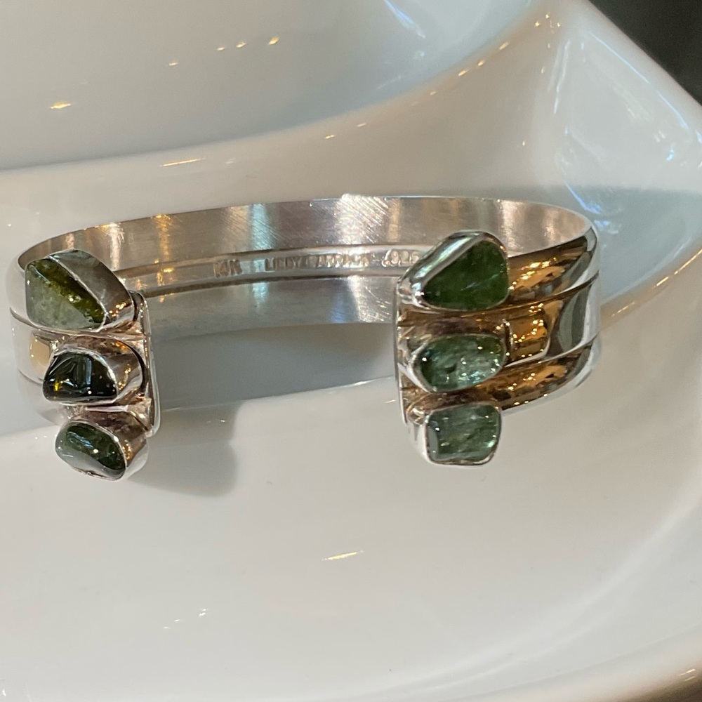 Lilly Barrack Sterling Open Faced Cuff Bracelet Green Gemstone End Caps, 14k